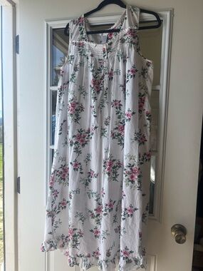 Adonna White Floral Cotton Nightgown with Pink & Green Print